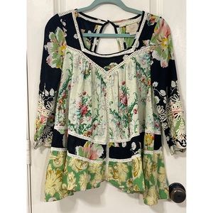 Anthropologie Vanessa Virginia Prateria Floral Lace Flowy Boho Peasant Top